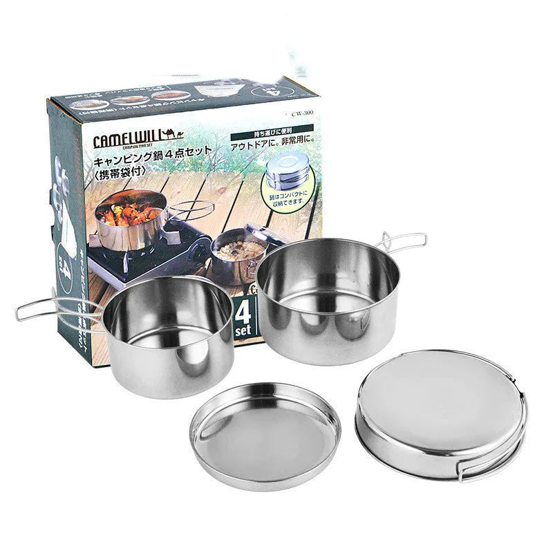 Stainless steel outdoor camping cookware set showing four round silver pots designed for 2-3 people
