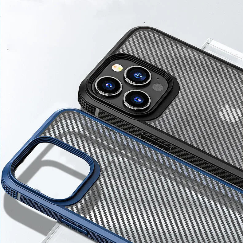 iPhone 13 protective case in black with carbon fibre pattern showing TPU and PC construction