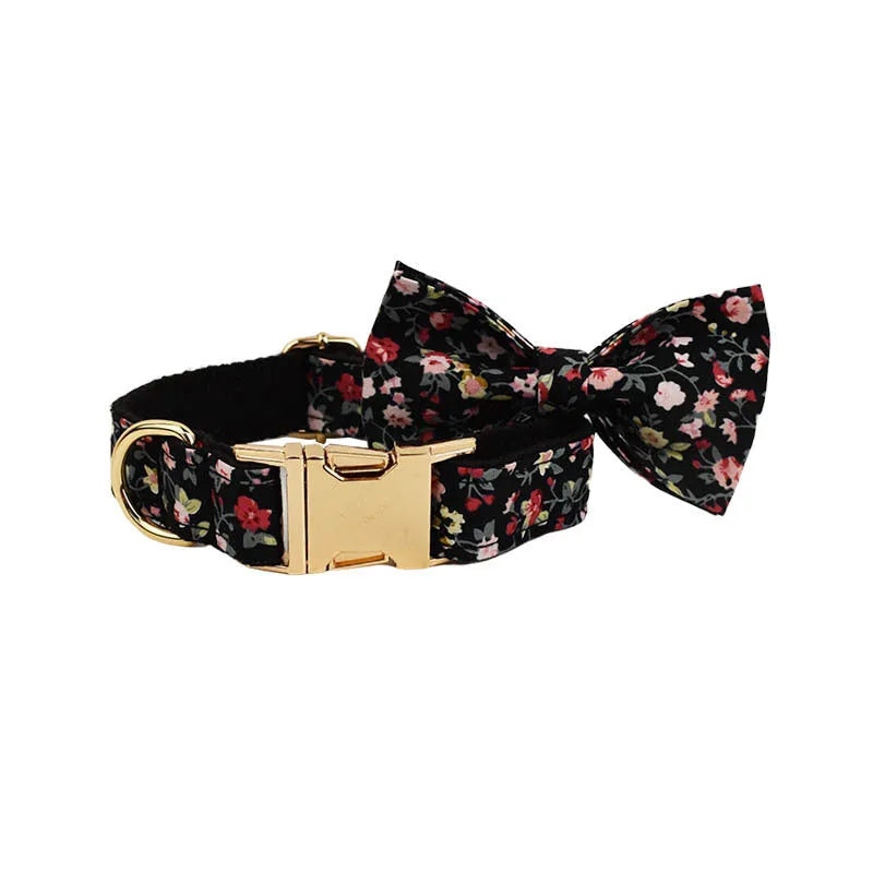 Four-piece removable bow lettering printed pet collar set showing dog collar, leash, bow, and vest in a chosen colour.