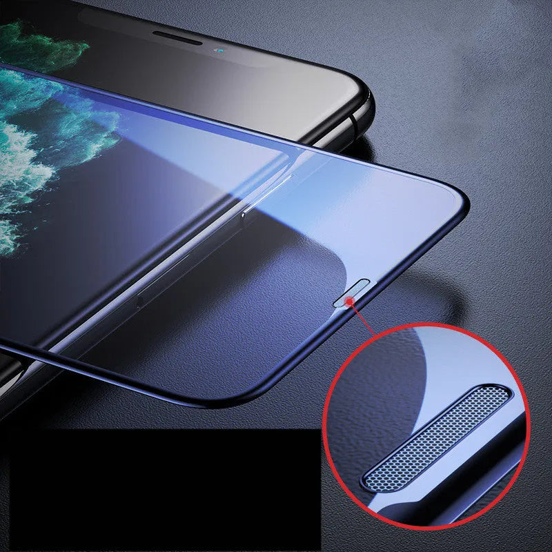 Tempered glass anti-peep screen protector for iPhone shows dust-proof mesh and cutout for camera