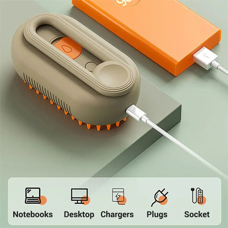 3-in-1 electric steam pet brush in milk brown with silicone bristles and ergonomic handle