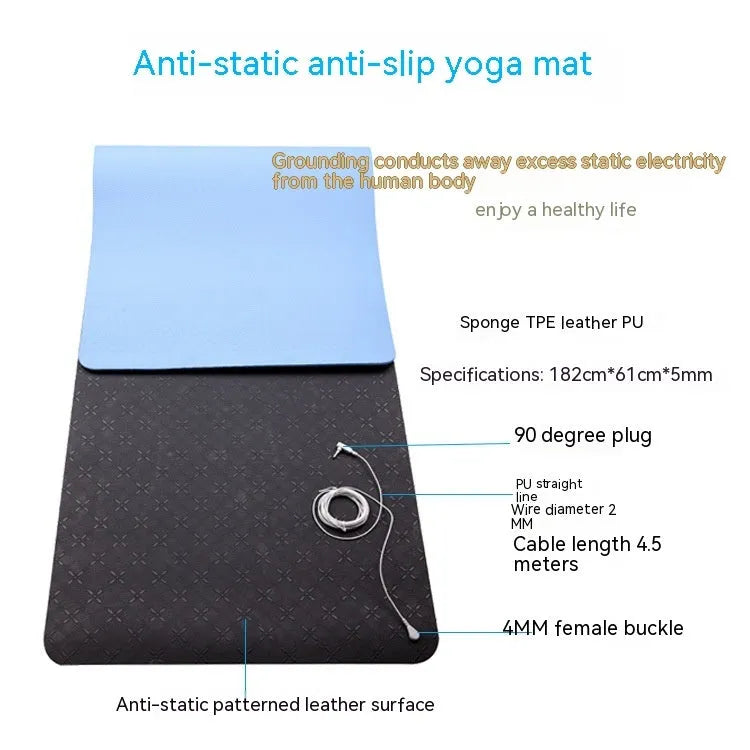 Blue conductive grounding yoga mat with plants pattern measuring 182 x 61 cm with 5mm thickness