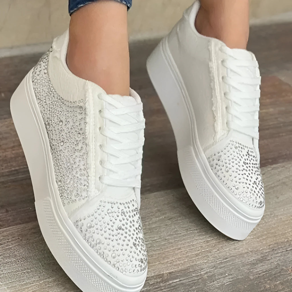 Women's lace-up casual shoes with rhinestone decoration and thick rubber soles in multiple colours