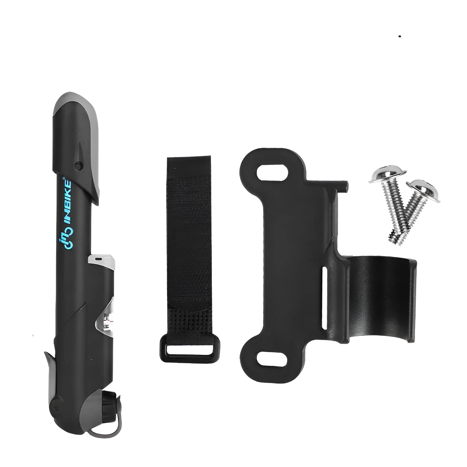 Black bicycle mini pump 18cm with round handle and aluminium alloy valve head on frame bracket