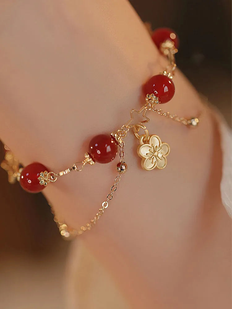 Women's red agate double layer bracelet with floral peach blossom ethnic designs