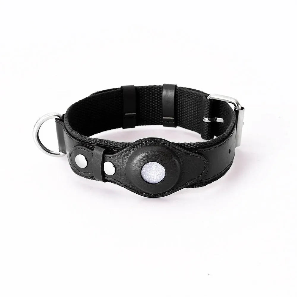 Leather dog collar with AirTag holder in black, adjustable for medium to large dogs