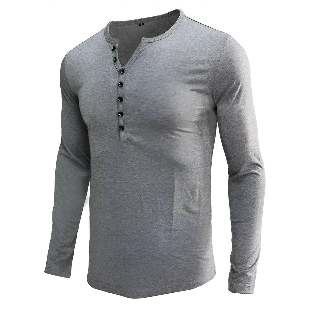 Men's solid colour long sleeve henley shirt in a cotton blend fabric on a neutral background.