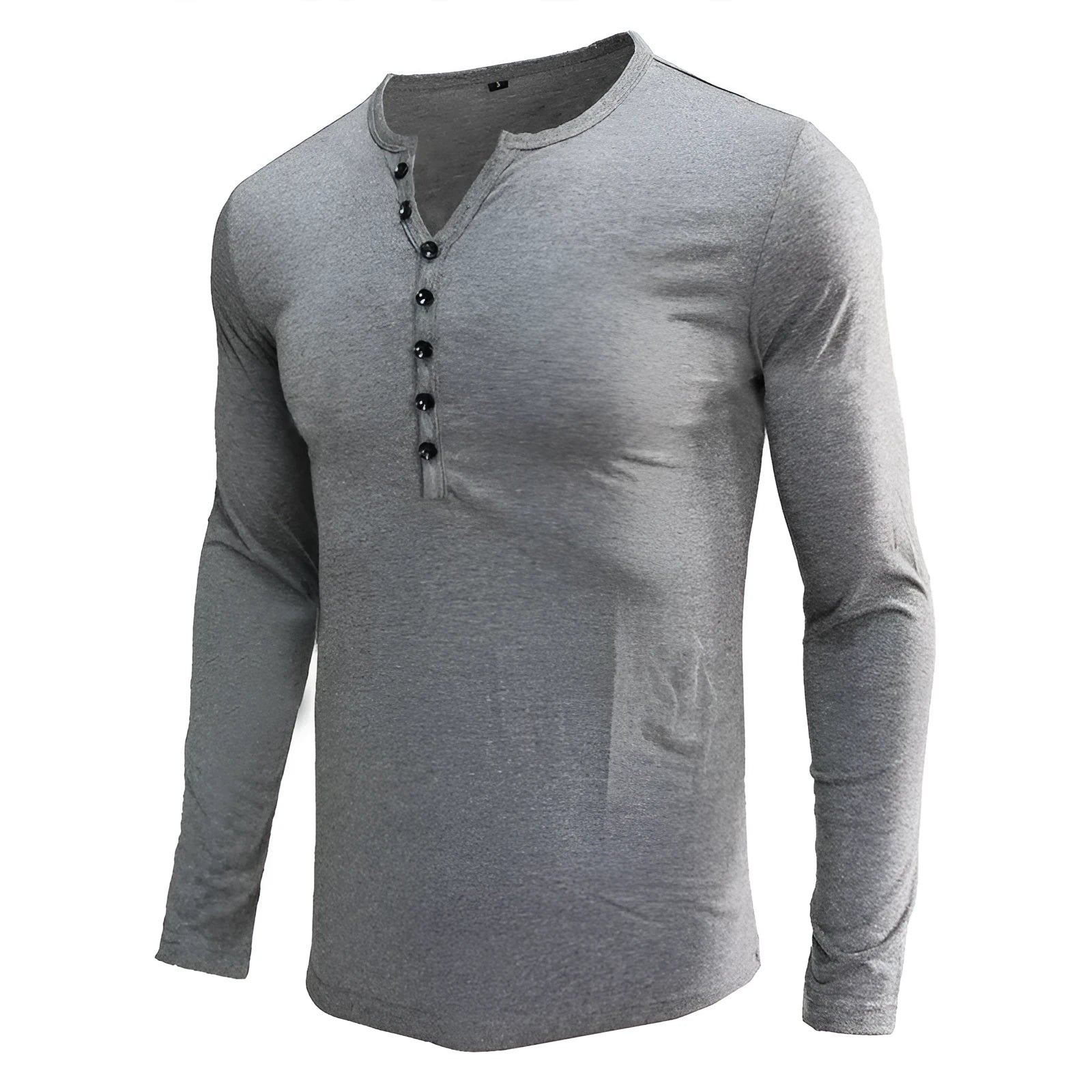 Men's solid colour long sleeve henley shirt in a cotton blend fabric on a neutral background.