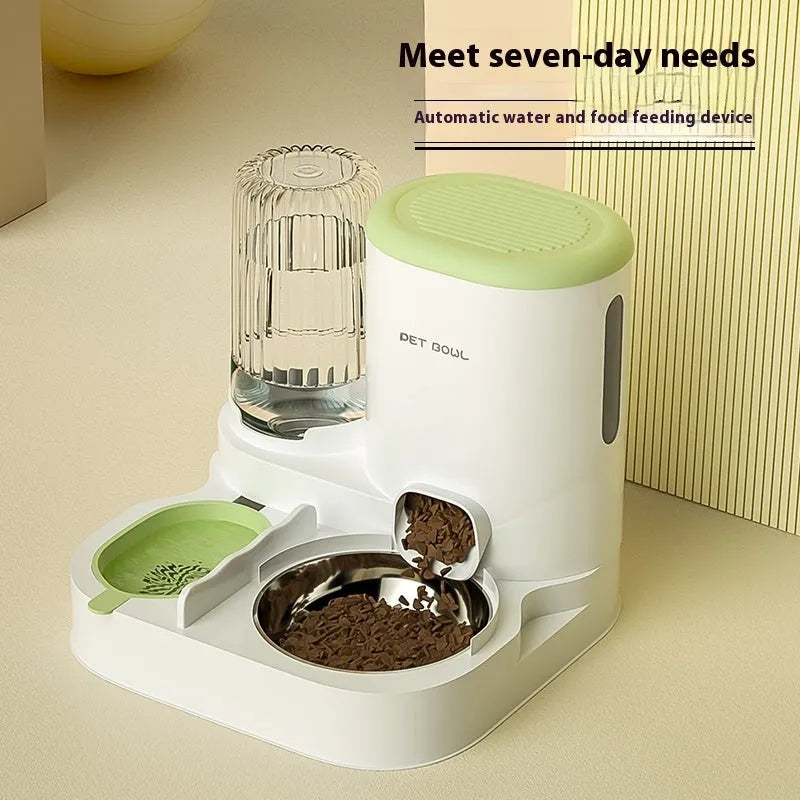 Automatic cat food and water fountain with integrated double stainless steel bowls in avocado green.