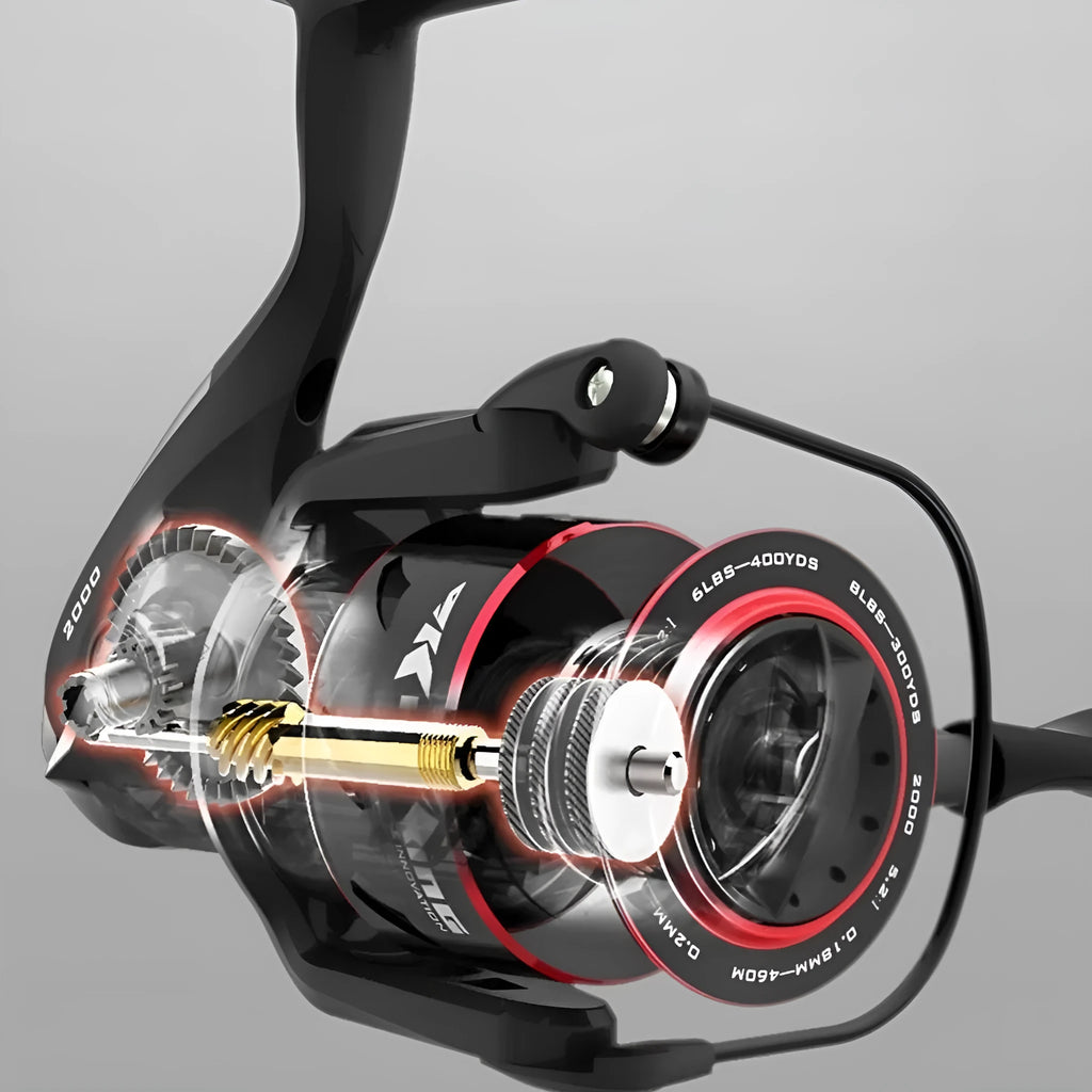 All-metal spinning fishing reel shown in 2000, 3000, 4000, and 5000 series sizes for telescopic rod fishing.