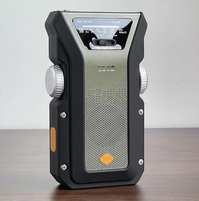 Multifunctional outdoor solar hand-crank radio flashlight with AM FM weather band USB charging 4000mAh ABS silver gray