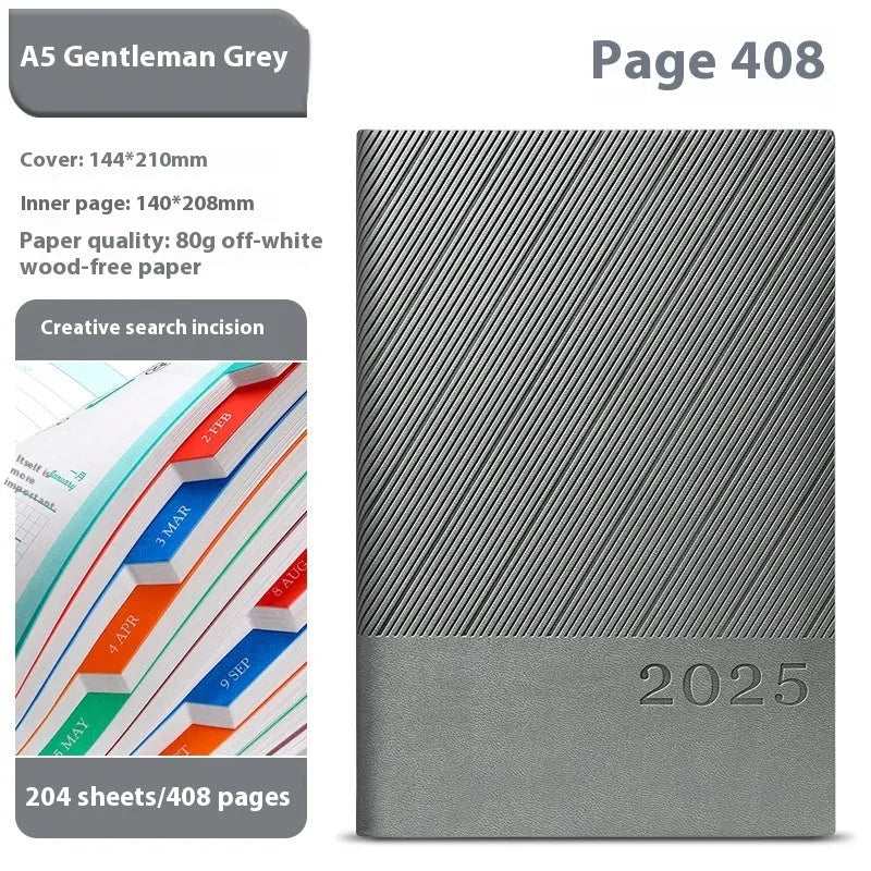 A5 striped PU leather notepad open on a desk showing thickened paper, available in eight colours.