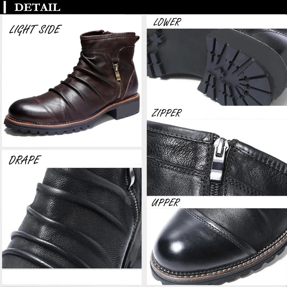 Black mid-calf cowboy boots with side zip and embossed leather texture