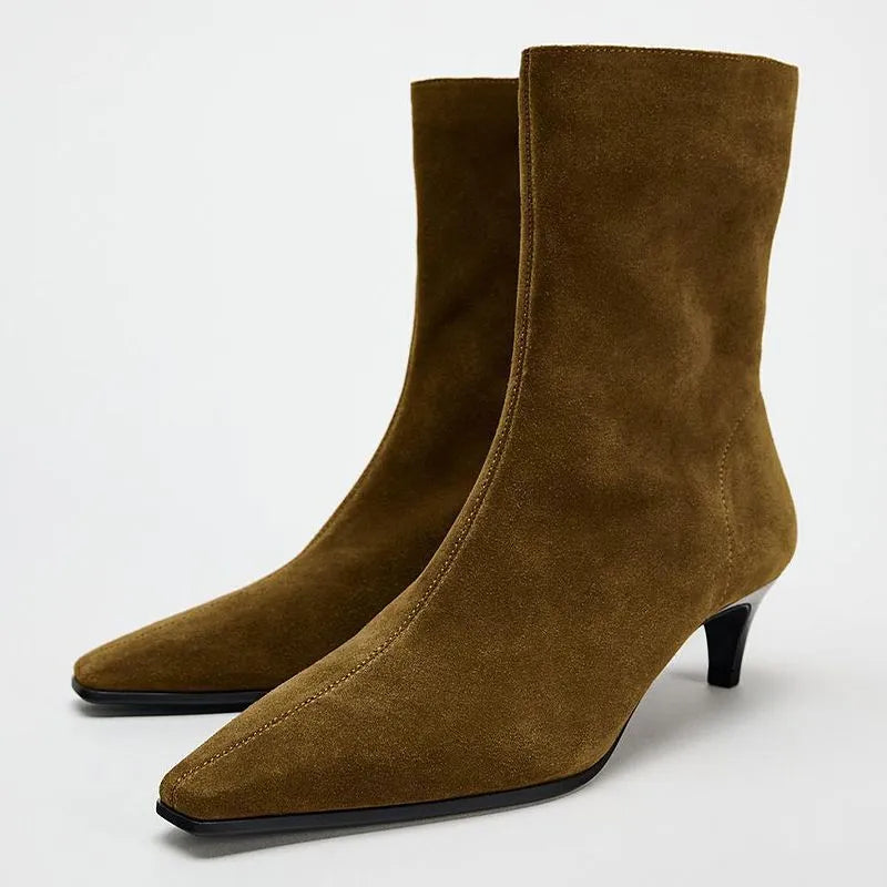 Brown retro square toe kitten heel mid-calf boots with a side zip on a white background