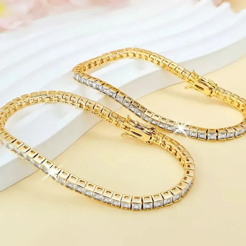 Square zircon tennis bracelet, 4mm wide copper bracelet in silver or gold, unisex hip hop geometric design