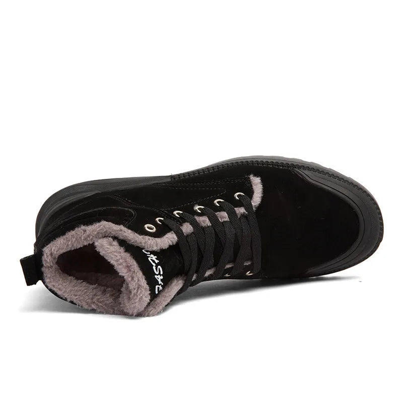 Men's winter ankle boots in matte suede with plush lining, rubber sole, and front tie closure