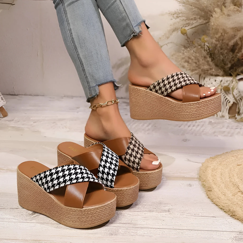 Cross leopard plaid wedge sandals in brown and black patterns with rubber soles