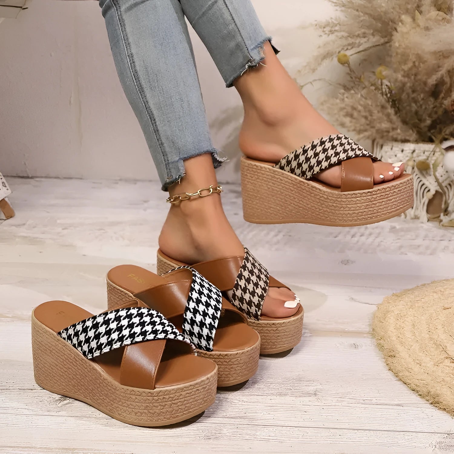 Cross leopard plaid wedge sandals in brown and black patterns with rubber soles