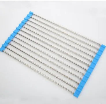 Folding stainless steel kitchen sink drain rack in red colour with multiple drainage tubes