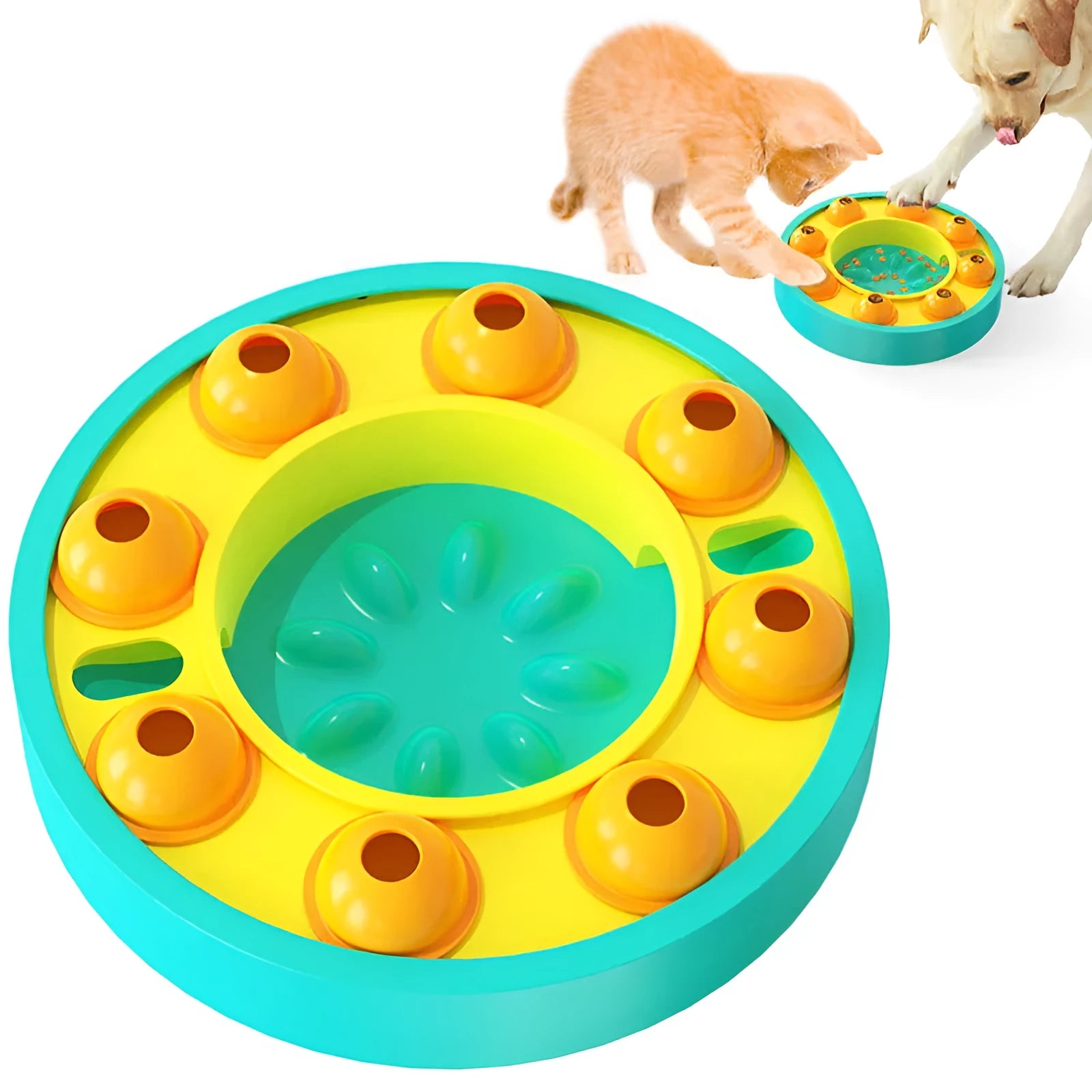 Square lake blue dog puzzle toy with a central food column and top turntable on a non-slip base.