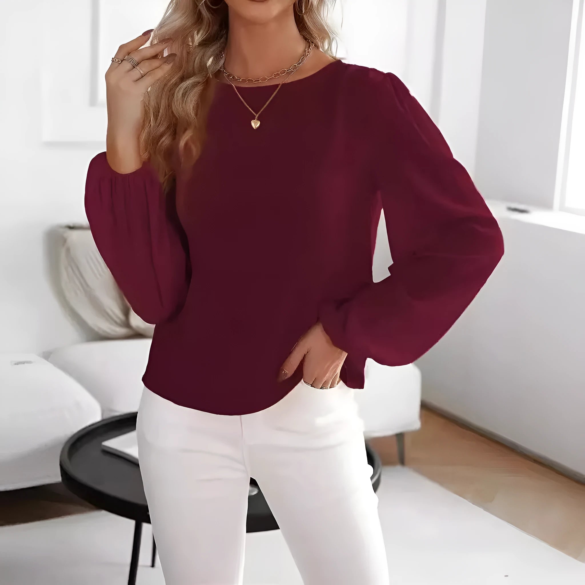 Solid colour women's round neck long sleeve top in wine red with button detail