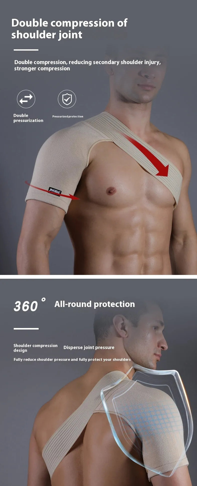 Adjustable one-shoulder sports protective strap in skin colour, shown on a model.