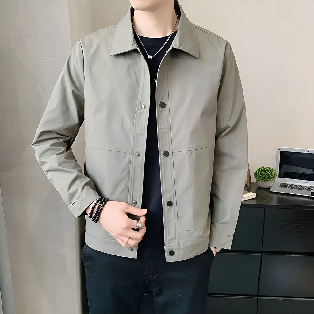 Men's thin single-layer Korean style jacket in light grey for spring and autumn wear.