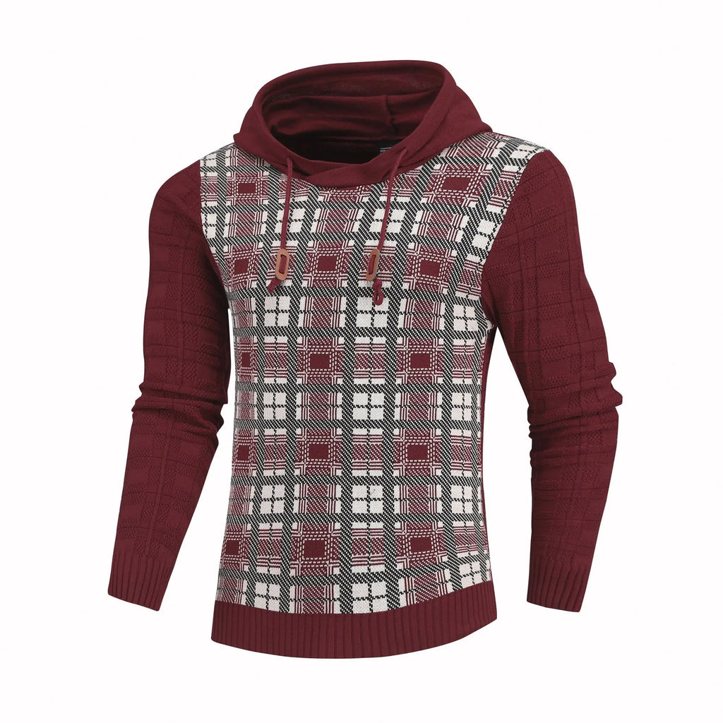 Men's retro sports hoodie with grid pattern in grey, front view, full-length sleeves, hooded collar, standard thickness