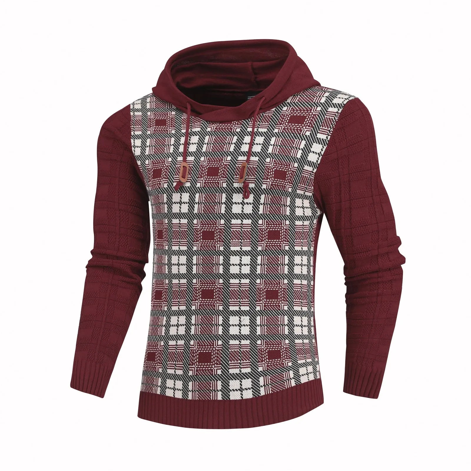 Men's retro sports hoodie with grid pattern in grey, front view, full-length sleeves, hooded collar, standard thickness