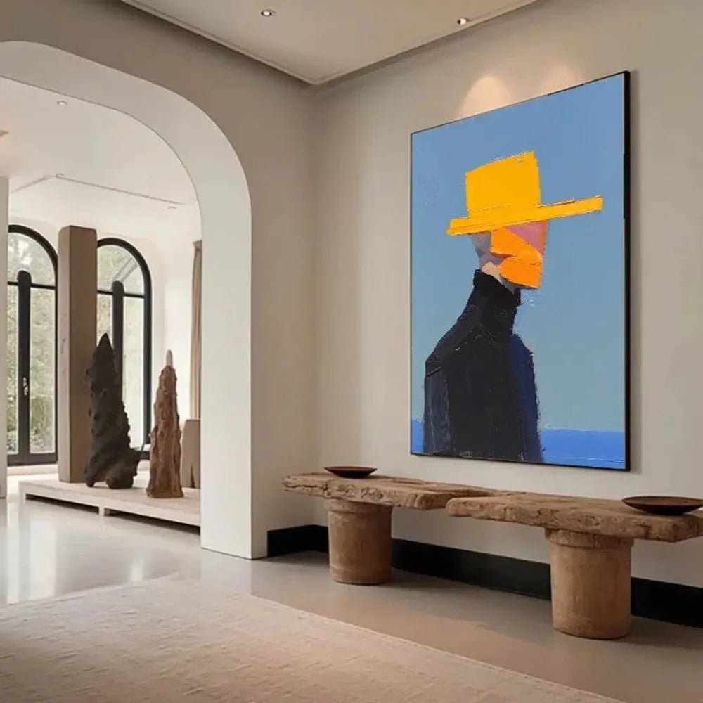 Hand-painted abstract canvas painting of a man with a hat, vertical oil painting for living room or bedroom wall art