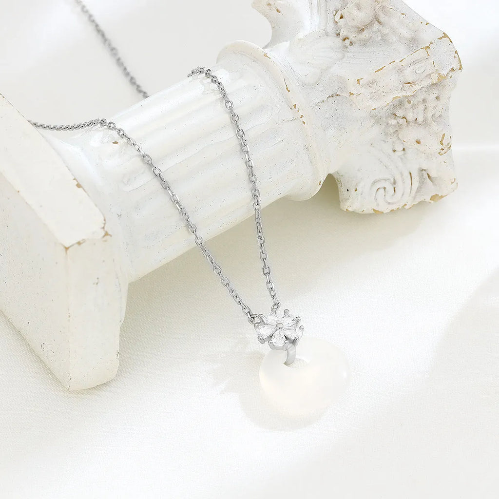 S925 sterling silver chalcedony peace buckle necklace on adjustable O-ring chain 41-50cm for women