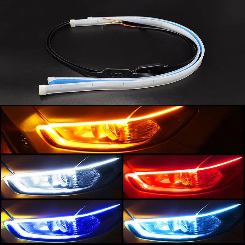 Silicone waterproof car LED light strip showing flowing turn signal effect in blue colour