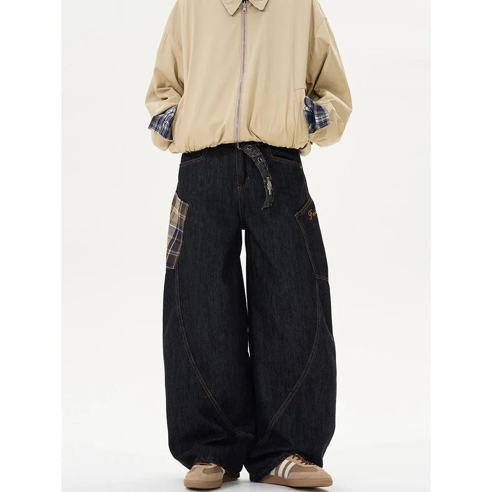Loose retro casual trousers in coffee plaid and red plaid colours, straight-leg style