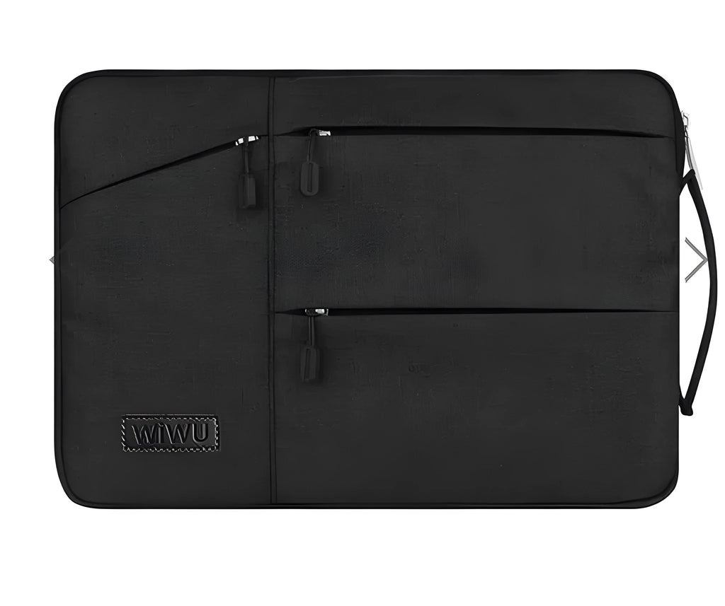 Shockproof nylon laptop case with zipper and multiple internal compartments in black