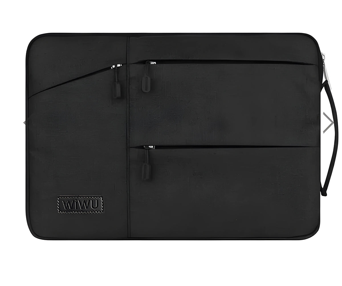 Shockproof nylon laptop case with zipper and multiple internal compartments in black