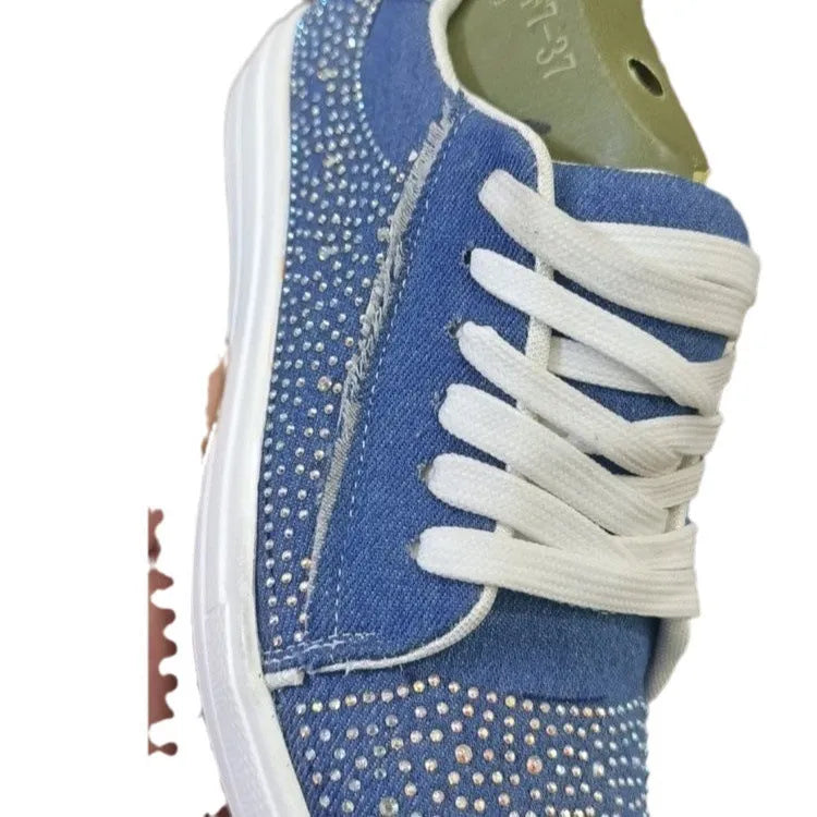 Women's lace-up casual shoes with rhinestone decoration and thick rubber soles in multiple colours