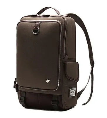 Modern men's large backpack in Oxford cloth, shown in army green colour, with dimensions 30cm by 16cm by 46cm.