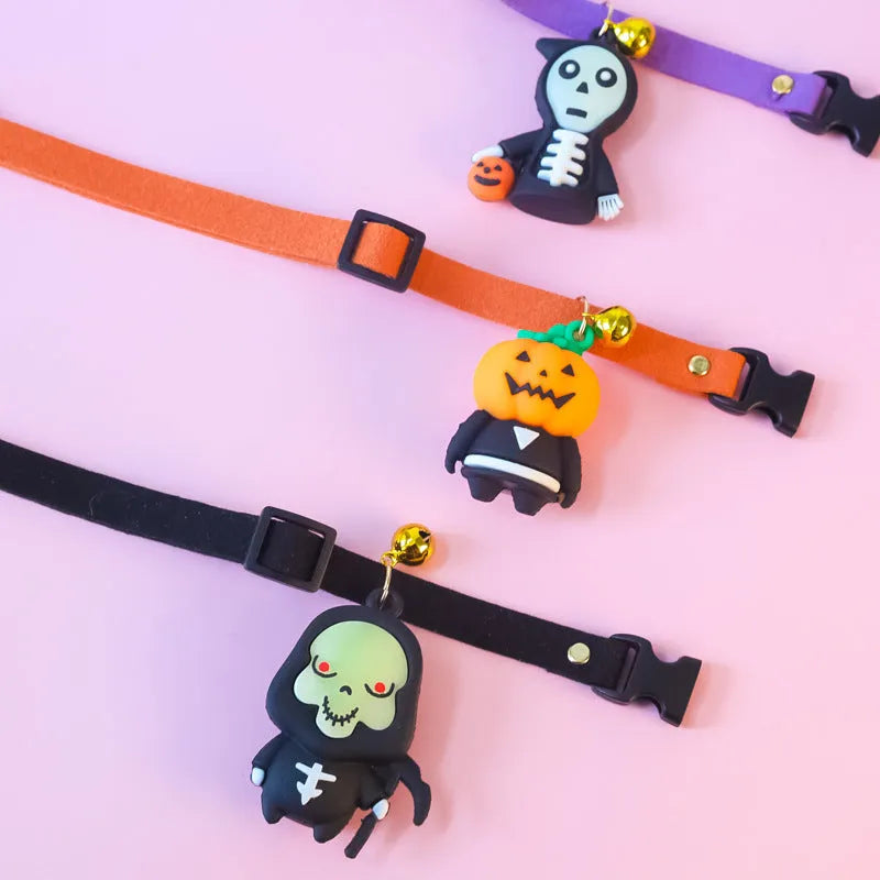 Polyester Halloween dog collar decoration showing pumpkin man, luminous brat, and luminous skull cartoon patterns.