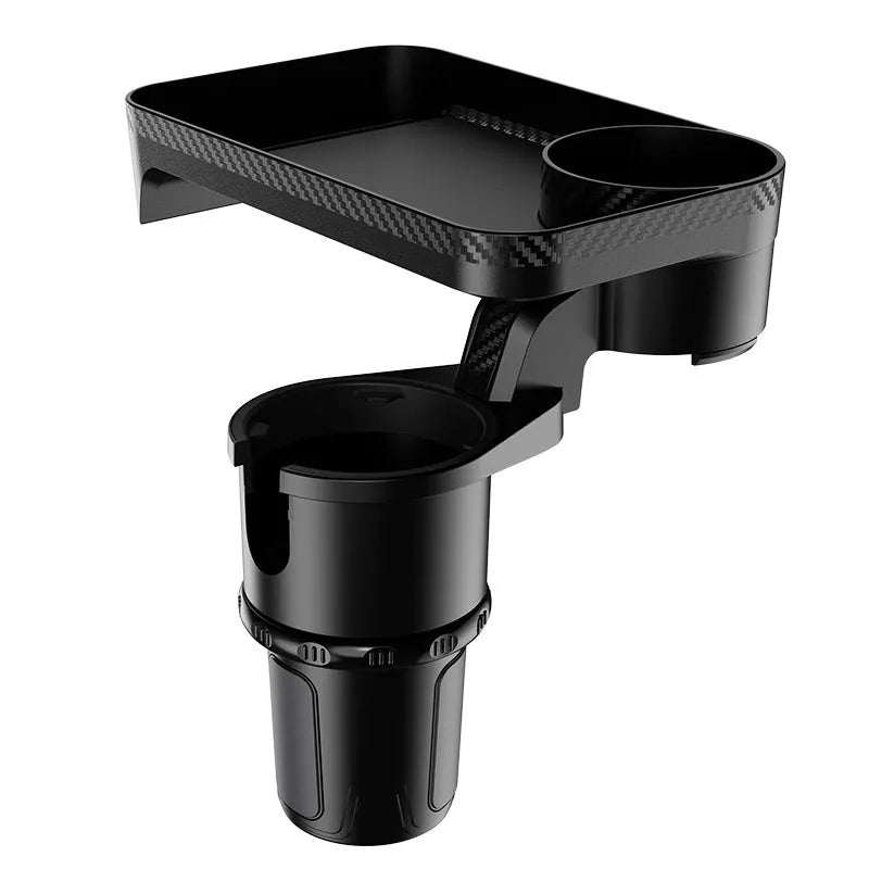Black ABS plastic car cup holder with a 360-degree rotating base and an attached flat dinner plate.