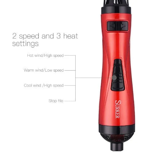 Red 2 in 1 hair dryer rotary brush styling tool with 3-speed control and 360-degree plug