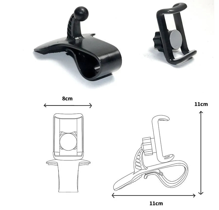 Rotating phone holder car pull clip direct view design ABS plastic black grey adjustable width