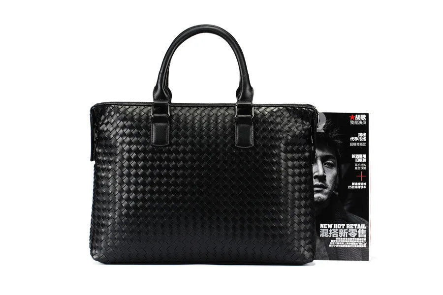 Men's hand-woven PU leather black briefcase bag with luggage strap and zippered pocket, horizontal square shape, 39x30x11.5 cm