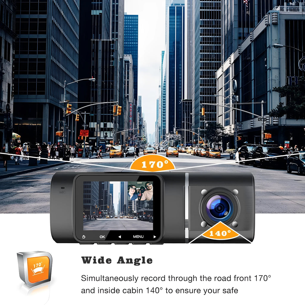 Standard black car dashcam with 1.5-inch screen for front and rear recording.