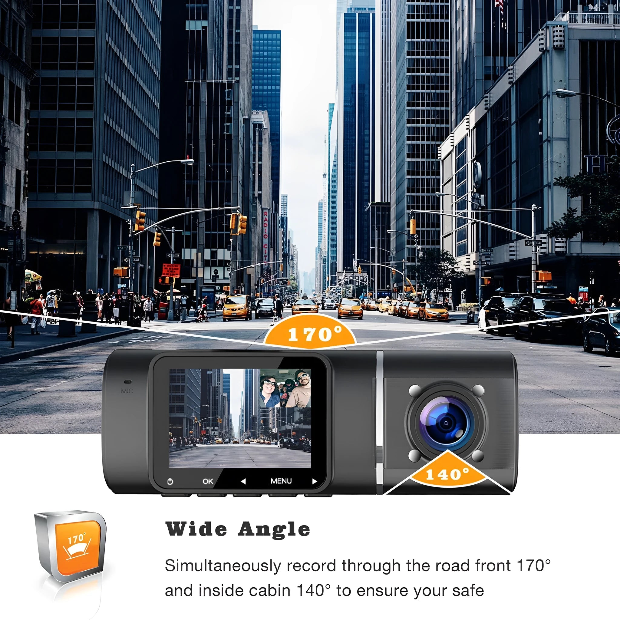 Standard black car dashcam with 1.5-inch screen for front and rear recording.