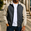 Men's loose fit casual jacket with stand collar and raglan sleeves in green, khaki, or red.
