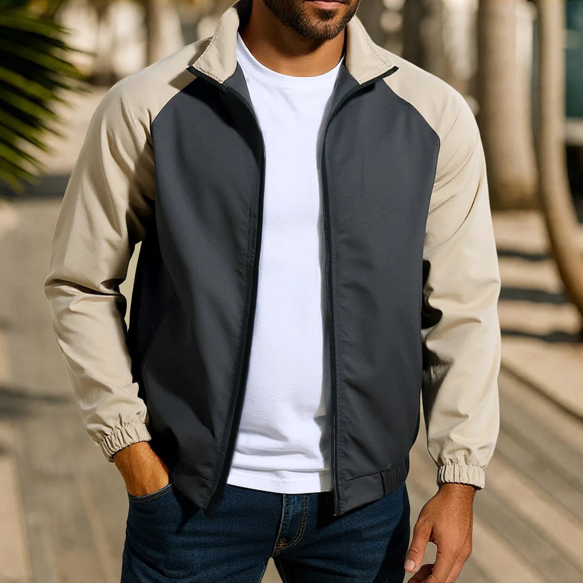 Men's loose fit casual jacket with stand collar and raglan sleeves in green, khaki, or red.