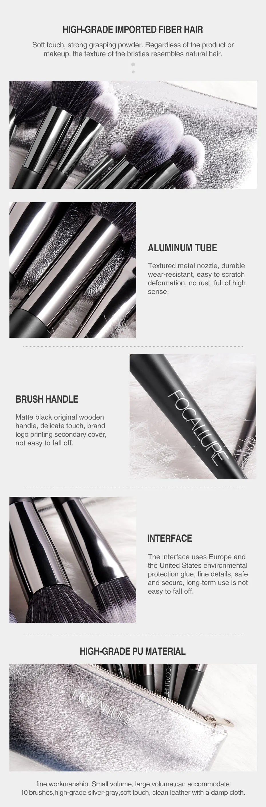10-piece makeup brush set with artificial fibre heads, aluminium handles, powder and eyeshadow brushes, and a PU bag