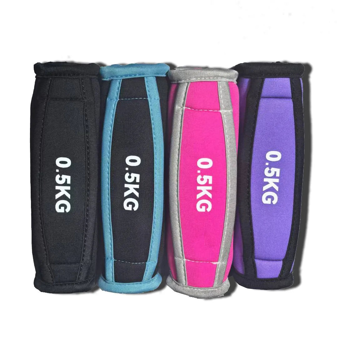 Pair of colour sand soft dumbbells in purple, diving cloth outer, 0.5kg weight, for home fitness