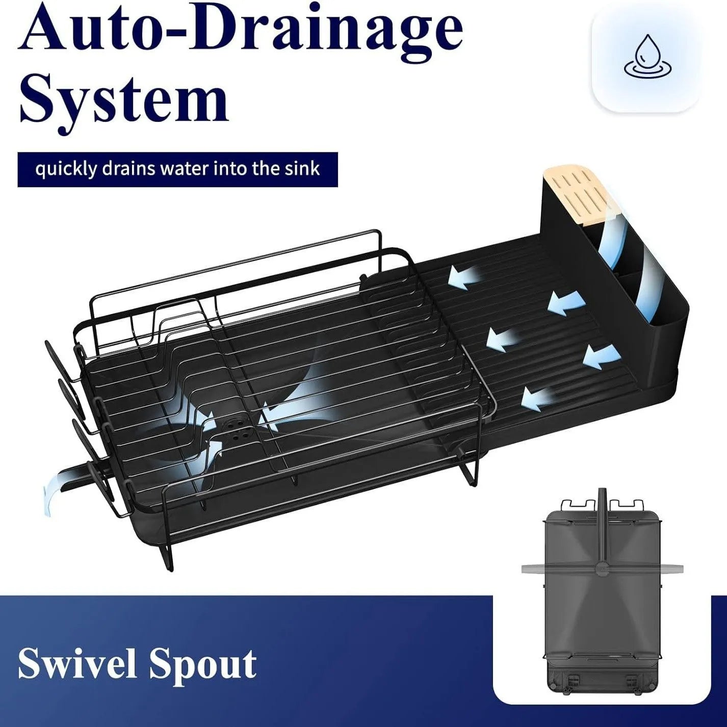 Retractable carbon steel kitchen dish drain rack holding cutlery and cups in a modern simple style.