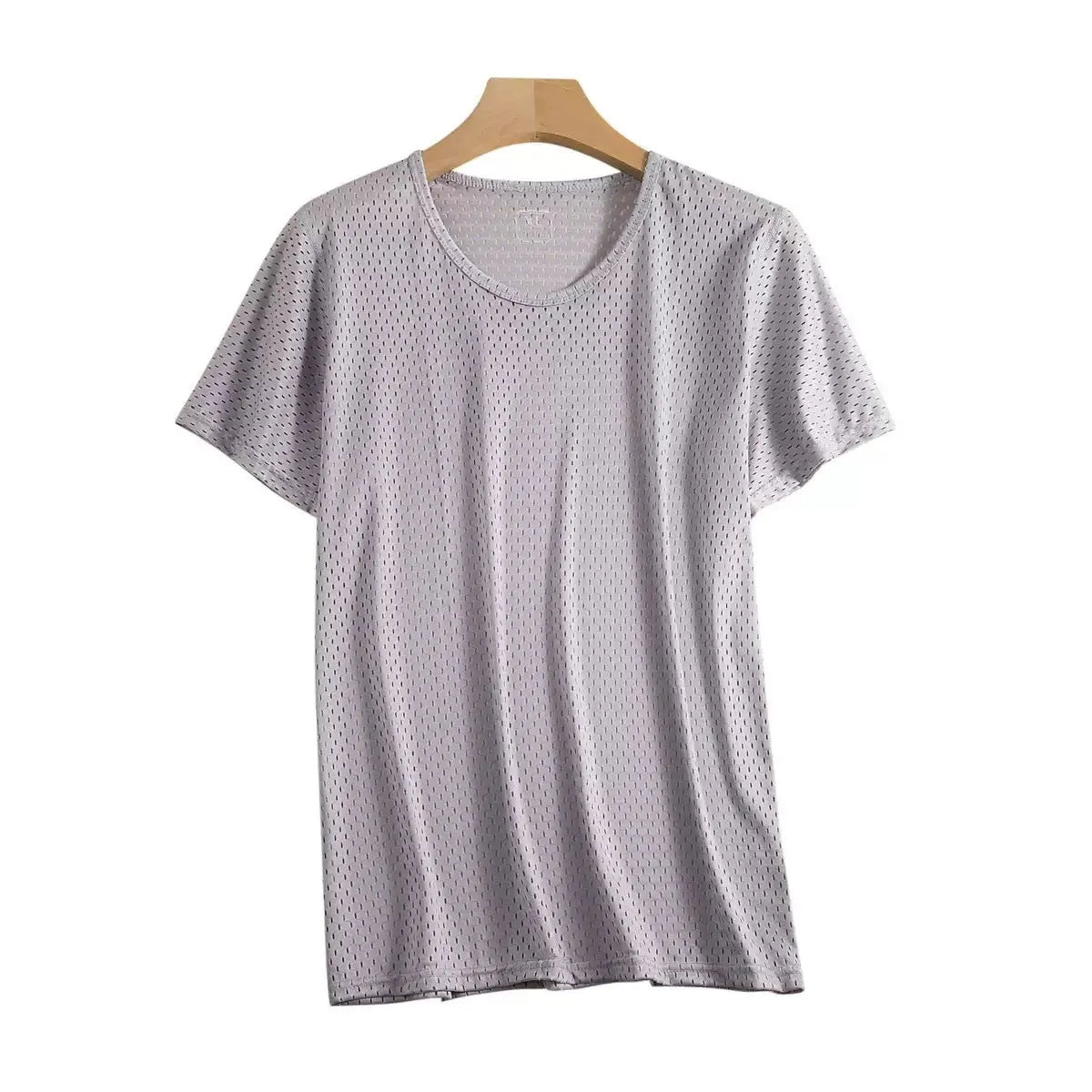 Man wearing a grey ice silk short sleeve crew neck t-shirt showing mesh fabric texture.